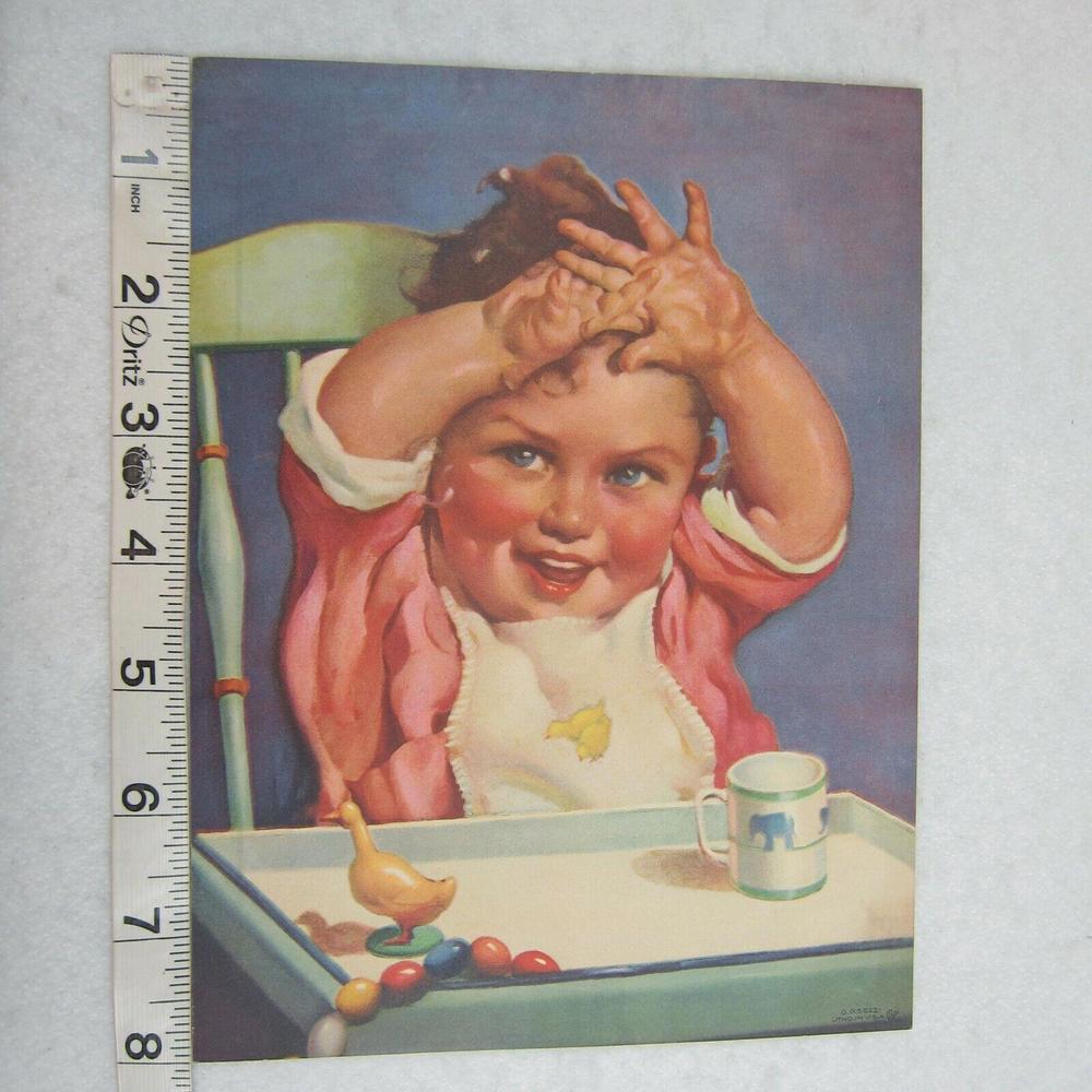 Vintage Litho Art Print Baby High Chair Pink Dress Bib Cup Segur Gulbransen - Picture 4 of 12